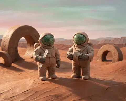 Twin astronaut explorers standing atop a wind-chiseled dune at first light, rend - AI生成图片 3