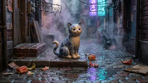 A serene tea-house cat with cracked porcelain fur sits on a rain-slick back alle - AI生成图片 4