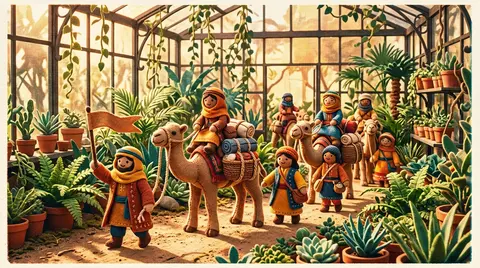 a desert nomad caravan winding through a sunlit greenhouse, joyful and sunlit mo - AI生成图片 2