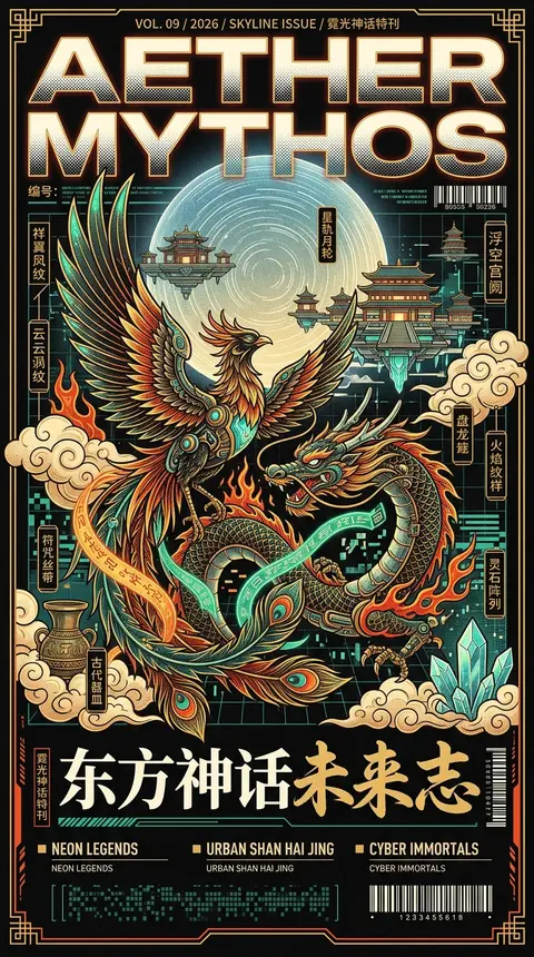 生成一张【极繁主义矢量艺术杂志封面海报】，画幅为【竖版3:4 / 9:16 / 横版16:9】。 主题为【东方神话未来志 / 山海经都市传说 / 赛博仙境杂 - AI生成图片 3