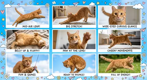 A lively ginger tabby named Marmalade “Momo” Finch appears in a vibrant 3x3 coll - AI生成图片 1