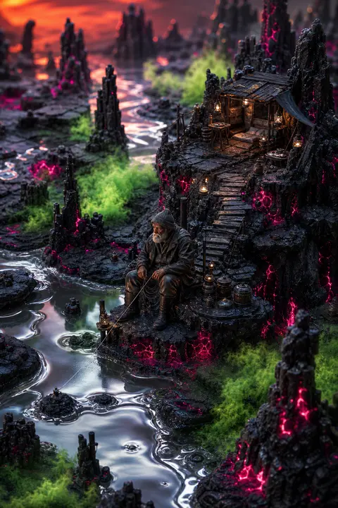 isometric miniature scene of an elderly fisherman pausing alone in a volcanic wa - AI生成图片 2
