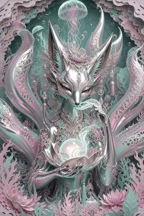 A mythical nine-tailed fox spirit suspended in a tranquil underwater abyss, port - AI生成图片 2
