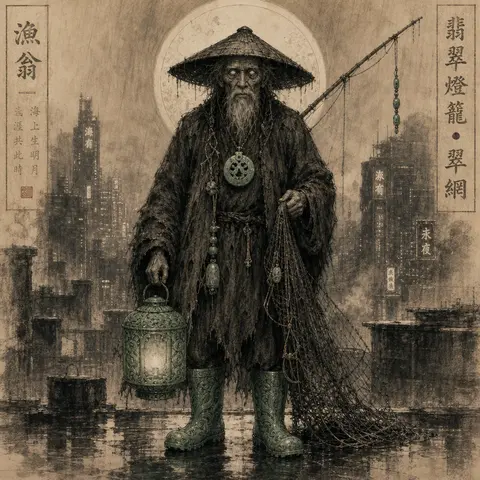 Elderly fisherman rendered as a charcoal sketch, standing full-length on a rain- - AI生成图片 2