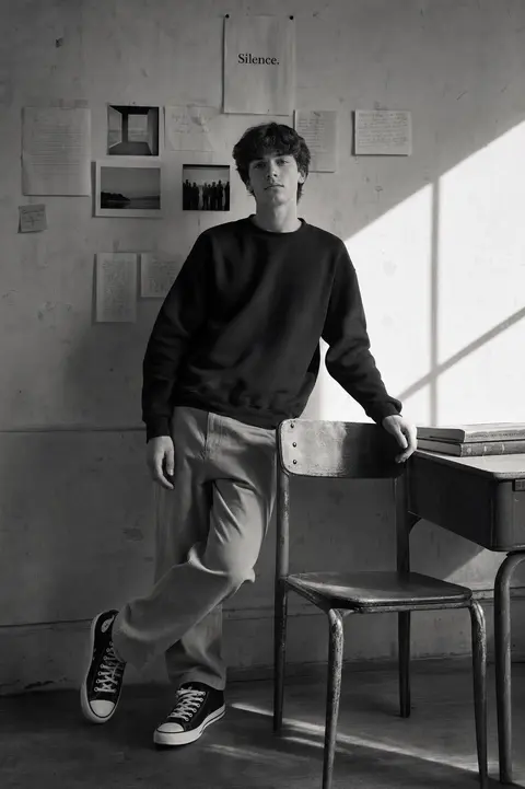 Create a high-contrast black-and-white cinematic portrait in a quiet classroom, - AI生成图片 1