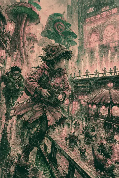 A young tinkering inventor in a soaked patchwork rain smock sprints along an ele - AI生成图片 4
