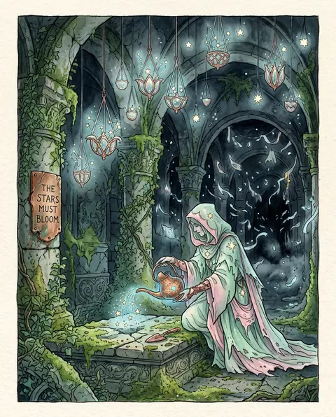 A mysterious watercolor storybook illustration of a celestial gardener tending t - AI生成图片 1