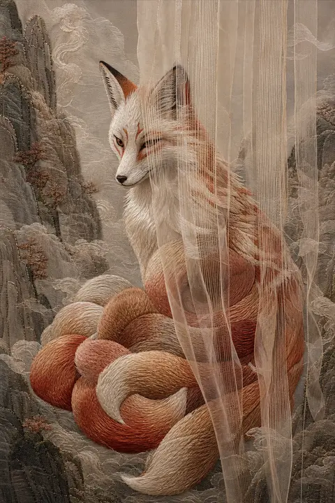 An intimate embroidered textile tableau of a mythical nine-tailed fox spirit pau - AI生成图片 3