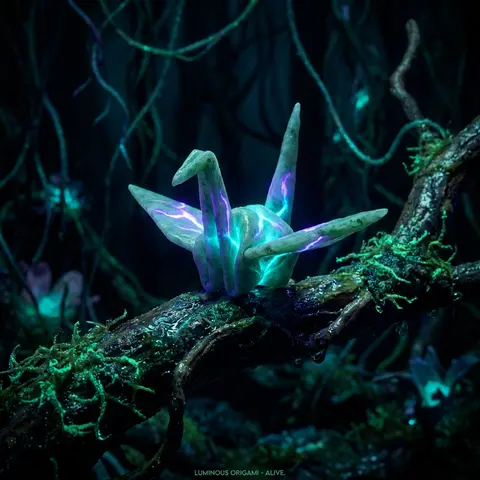 An origami paper crane, briefly alive, poised in a tense bioluminescent night fo - AI生成图片 2