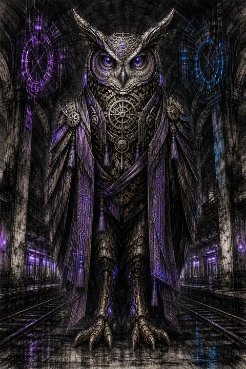 colossal clockwork owl poised on a deserted subway platform swallowed by cathedr - AI生成图片 1
