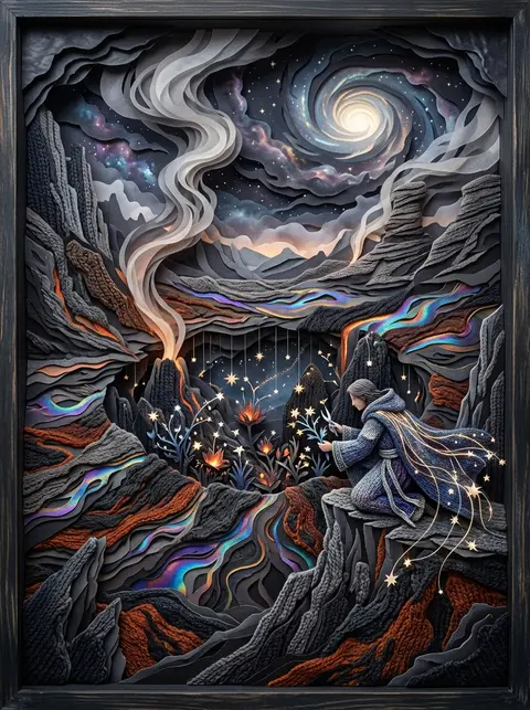 a celestial gardener tending stars in a volcanic wasteland, epic monumental laye - AI生成图片 1