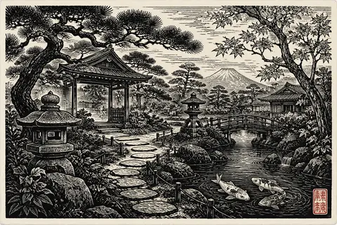 { "prompt_en": "A hand-carved linocut print in the Japanese ukiyo-e inspired st - AI生成图片 1