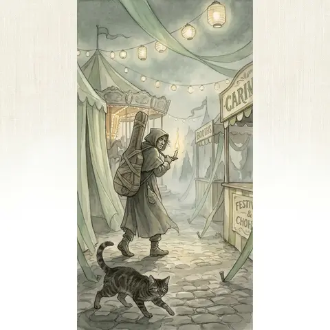 At a midnight carnival under swaying lantern constellations, a wandering street - AI生成图片 3