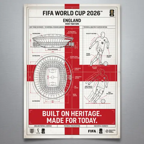 FIFA World Cup 2026 England blueprint poster, white-red palette, technical schem - AI生成图片 1