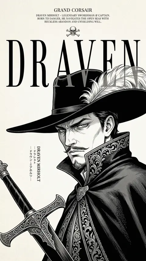 一张极简高级感的黑白漫画风角色海报，纵向超高构图，纯白微暖米色纸张背景，画面中心是一位原创传奇剑士“黑隼”德拉文·米尔霍特的半身近景肖像，低角度仰视视角，人物从 - AI生成图片 2