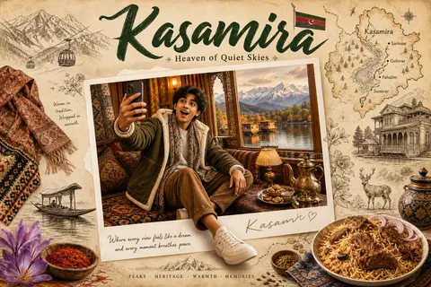 一张高质感旅行海报 / 社交媒体封面设计，主题为“Kasamira”，整体采用温暖米色与奶油色纸张背景，带轻复古手帐拼贴与明信片美学；画面中央是一张略微倾斜的白 - AI生成图片 1