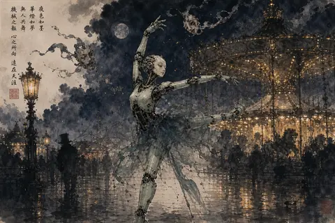 Traditional ink wash painting of a robotic ballet dancer at a carnival at midnig - AI生成图片 1