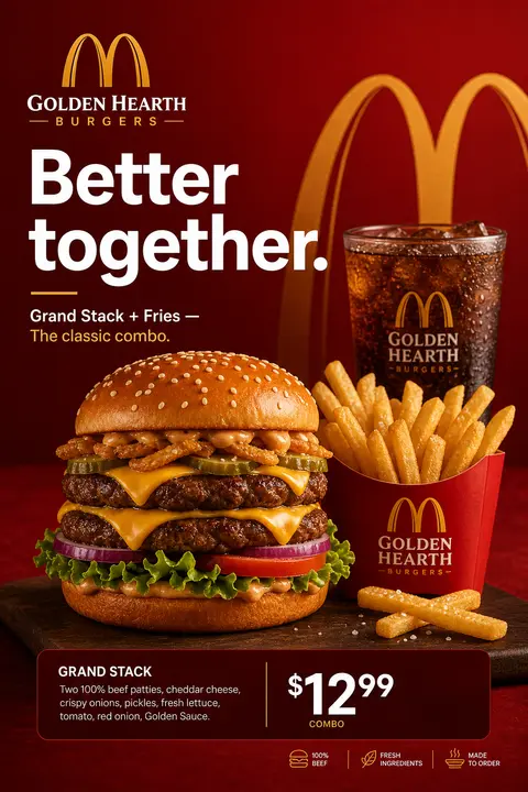 Create a clean, high-quality advertisement for **Golden Hearth Burgers**. Use a - AI生成图片 1