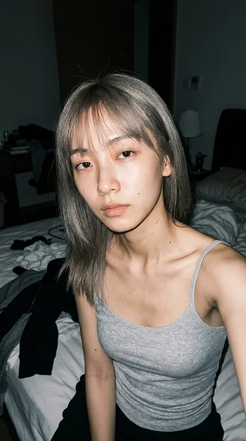 一张超写实、近距离自拍感的人像照片：虚构人物“林雾岚”，年轻东亚女性，浅灰棕色顺直中长发，发尾带细碎不规则层次，额前覆着轻薄空气刘海；肤色白皙偏暖，面部线条柔和 - AI生成图片 1