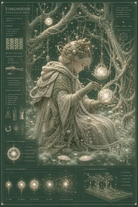 一幅静谧而奇异的蓝图式幻想海报：一位“星穹园丁”跪坐在会发微光的夜森林深处，小心修整悬浮在枝叶之间的一簇幼小恒星。角色并非运动员，而是带有神秘气质的纤细守夜者， - AI生成图片 1