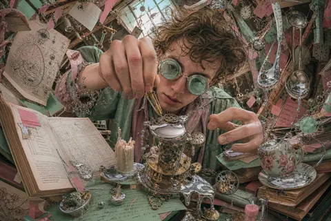 Surrealist photo collage of a young tinkering inventor in a cozy cluttered attic - AI生成图片 2