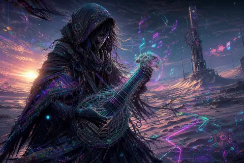 流浪街头乐手伫立在黎明初醒的荒漠盐壳之间，怀抱一把由编织羊毛与发光导线缠绕而成的异形弦器，披风像手工针织的夜雾般层层垂落，边缘浸染虹彩油膜般的变幻光泽；脚下沙丘 - AI生成图片 1