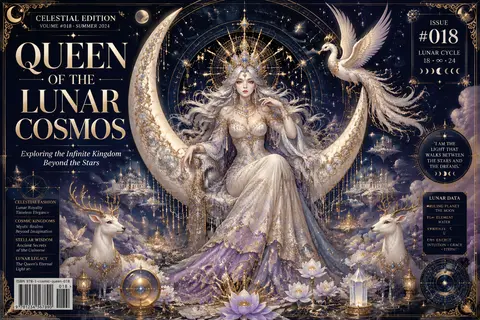 Create a portrait-format luxury maximalist vector magazine cover titled `QUEEN O - AI生成图片 1