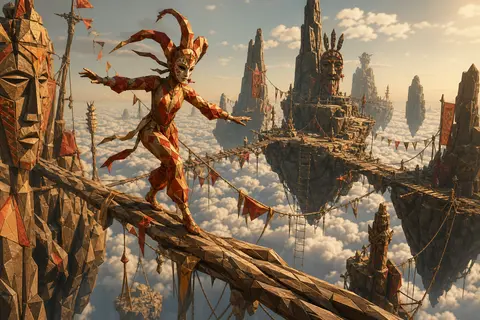 A masked carnival acrobat balanced atop weathered driftwood bridges between floa - AI生成图片 2