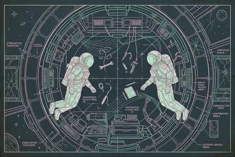 Twin astronaut explorers etched from carved jade drifting inside an orbital stat - AI生成图片 3