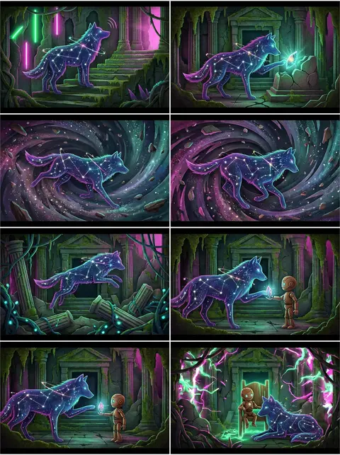 6-프레임 가로 스토리보드, 3x2 격자 구성, 단일 16:9 화면, chaotic & energetic 분위기. 주인공은 별자리로 이루어진 늑 - AI生成图片 1