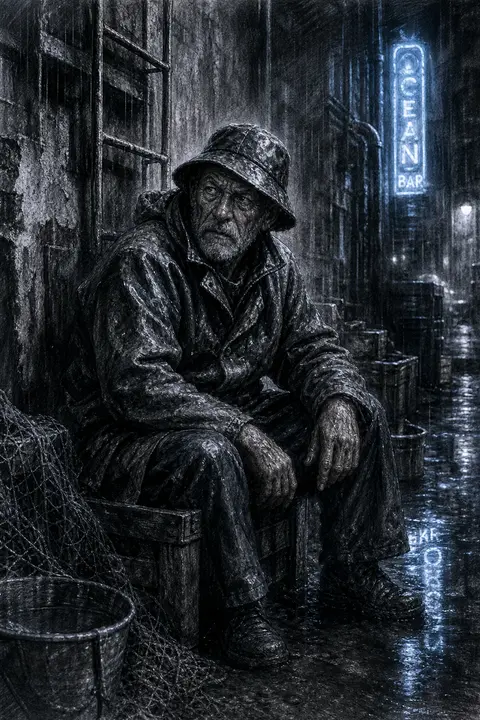 一名满脸风霜的老渔夫蜷坐在狭窄后巷尽头的破旧木箱上，雨水顺着墙面铁梯不断滴落，脚边积水映出碎裂霓虹的冷光；湿黏如陶土般的外套与双手带着沉重水分感，指节粗粝，帽檐 - AI生成图片 1