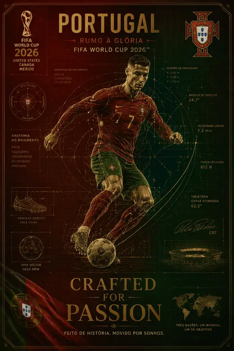 FIFA World Cup 2026 Portugal blueprint poster, deep red-green palette with gold - AI生成图片 1