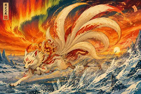 A chaotic ukiyo-e woodblock print of a mythical nine-tailed fox spirit dashing a - AI生成图片 1