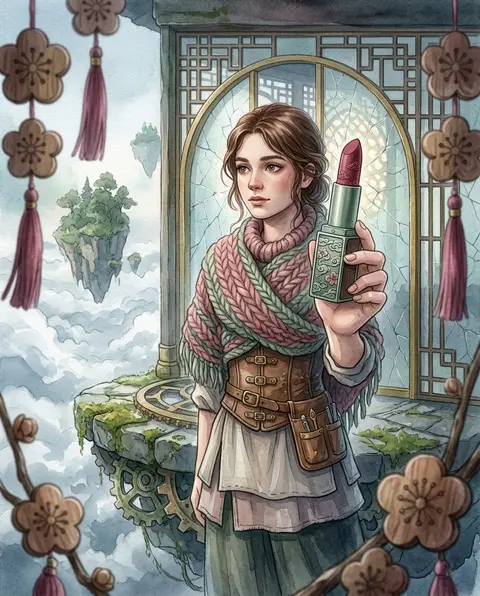 水彩故事书质感的悬浮天岛美妆广告，一位年轻女发明家立于层叠云海之间的空中工坊露台，身着鼠尾草绿与灰粉交织的针织披肩与工具束腰，指尖托起一支虚构品牌的东方雕艺唇膏 - AI生成图片 1