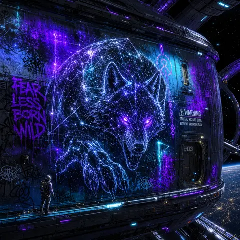 a tense cinematic graffiti street mural on the exterior ring of an orbital space - AI生成图片 2