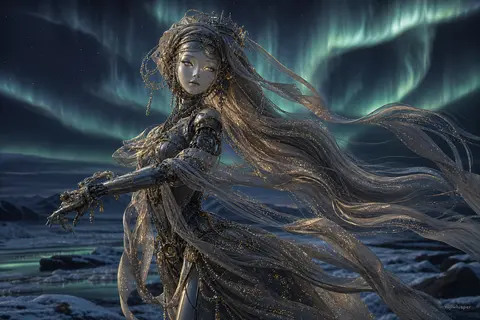 a robotic ballet dancer poised alone on a wind-scoured tundra beneath rippling a - AI生成图片 1