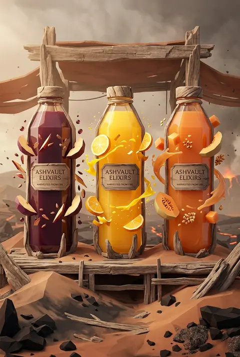 Epic campaign tableau for a fictional premium brand, “ASHVAULT ELIXIRS” — a monu - AI生成图片 1