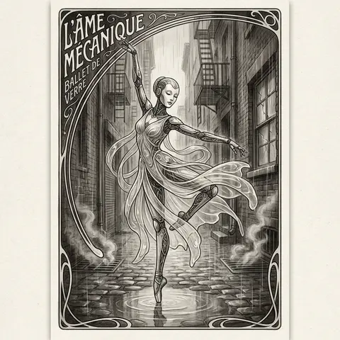 An intimate, quiet art nouveau poster of a solitary robotic ballet dancer paused - AI生成图片 3