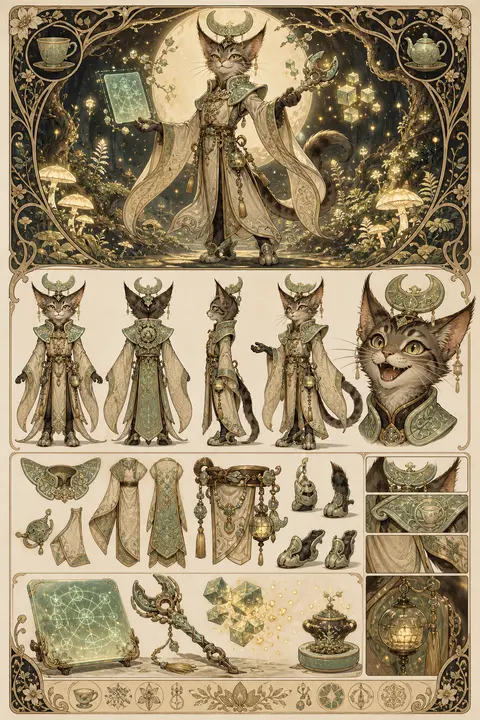 A radiant tea-house cat portrayed as a whimsical guardian of cosmic glitches, re - AI生成图片 1