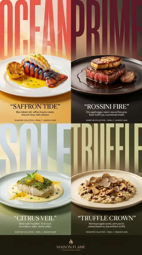 Create an ultra-premium horizontal 2x2 four-panel Western fine-dining campaign p - AI生成图片 2
