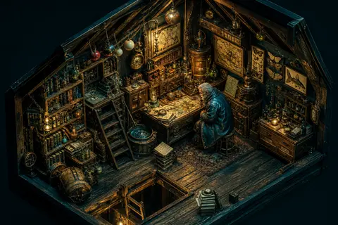 Isometric miniature scene inside a cozy cluttered attic library, starring an eld - AI生成图片 1