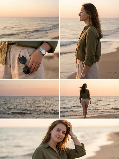 Ultra-realistic DSLR cinematic beach photoshoot collage featuring the same young - AI生成图片 2