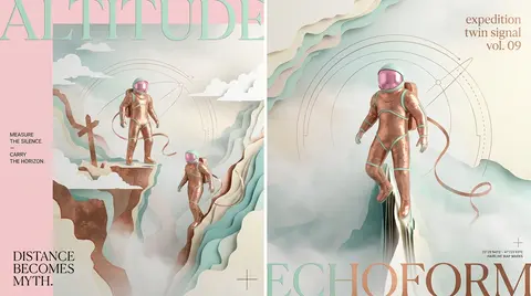 avant-garde editorial cover, towering vertical composition, vast misty alpine co - AI生成图片 3