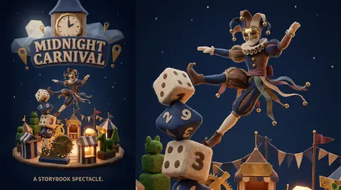 A masked carnival acrobat balances on a towering stack of soft felt dice beneath - AI生成图片 1
