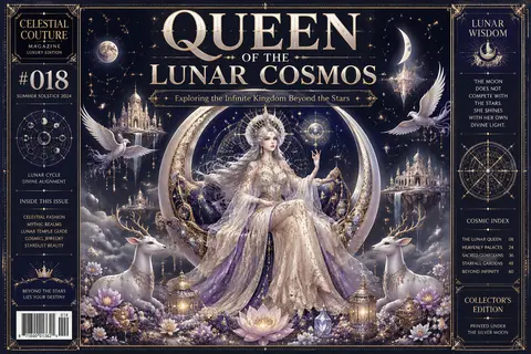 Create a portrait-format luxury maximalist vector magazine cover titled `QUEEN O - AI生成图片 2