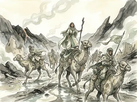 A sweeping watercolor storybook scene of a fiercely elegant desert nomad caravan - AI生成图片 1