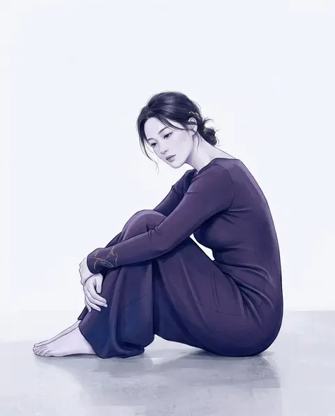艺术海报插画，一位名为“沈月棠”的东方成年女性静静坐在地面上，双臂轻柔环抱膝盖，身体微微内收，呈现安静、清冷而柔和细腻的气质；她拥有丰腴流畅的曲线，重点刻画抱膝 - AI生成图片 2