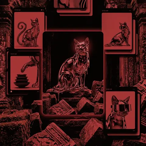 Square composition, a tea-house cat perched atop fractured altar stones in ancie - AI生成图片 1