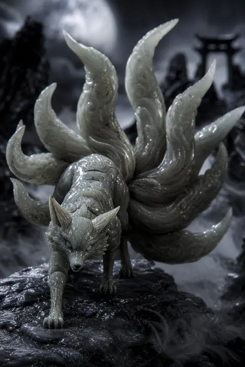 A nine-tailed fox spirit, carved from translucent jade, coils through a fog-chok - AI生成图片 1