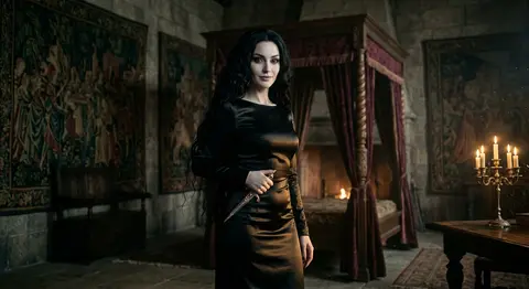 A seductive infernal enchantress named Seraphine Vale stands in a dimly lit goth - AI生成图片 1